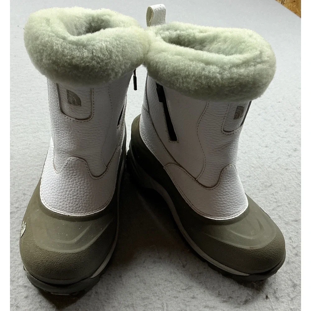 The North Face Snow Boots Leather Faux Fur Trim Winter Grip Olive White Womens